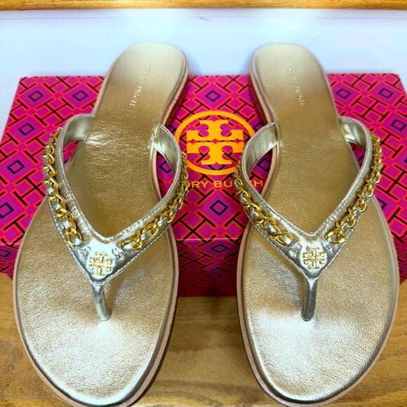 Tory Burch Shoes - Tory Burch Everly Chain Thong Sandal Retro Metallic 145352 White Gold 272 Sz 8.5